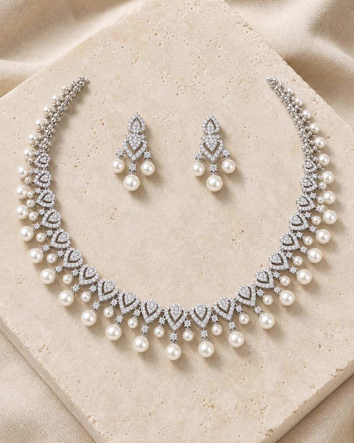 Catalogue hero of the Aster set with one silver-tone leaf/heart-link necklace, layered pale round drops and two matching three-drop earrings on pale stone.