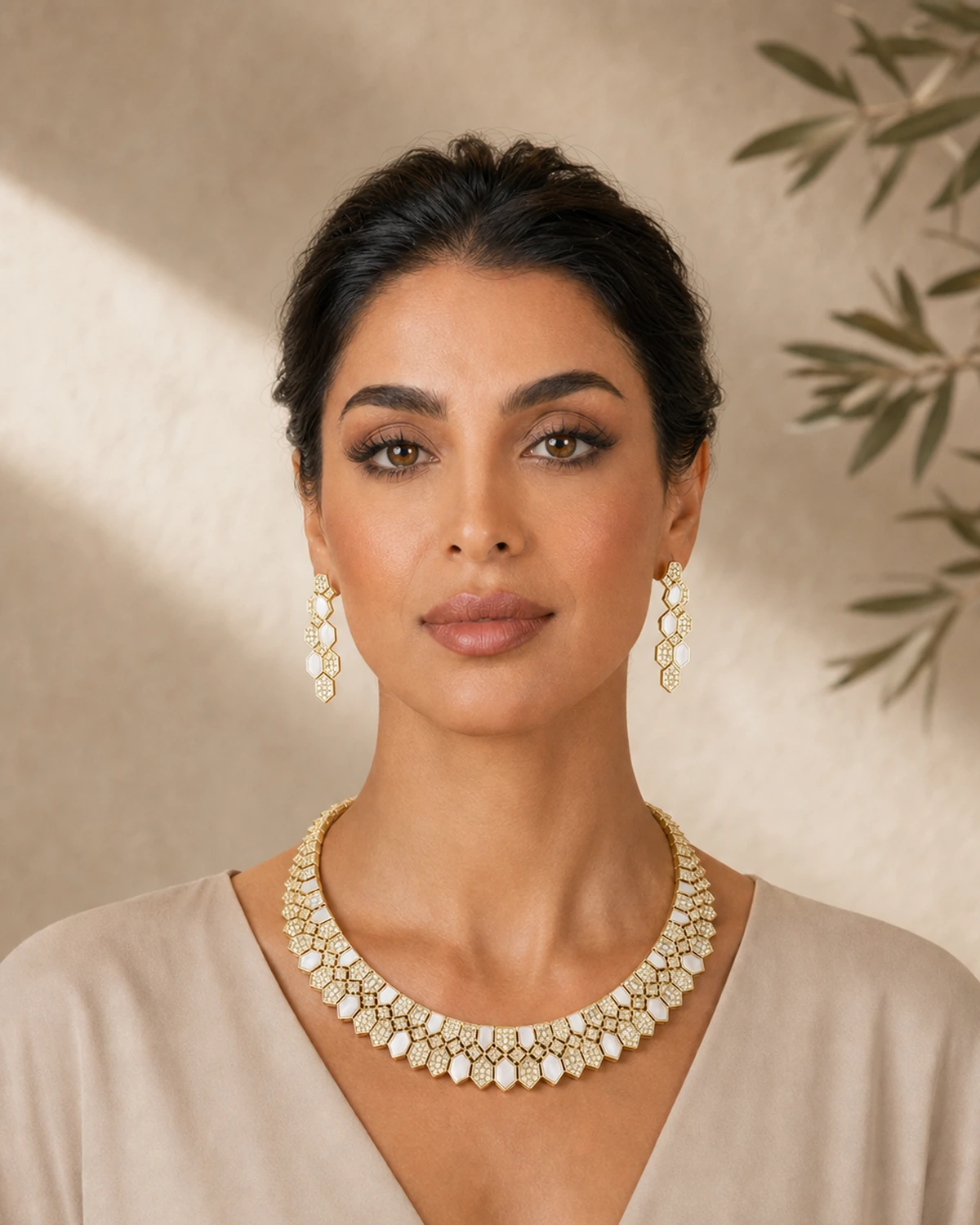 Front portrait of Luna in a warm-ivory refined V-neck dress, wearing the Lucilla polygon collar and matching earrings in Warm Taupe Studio.