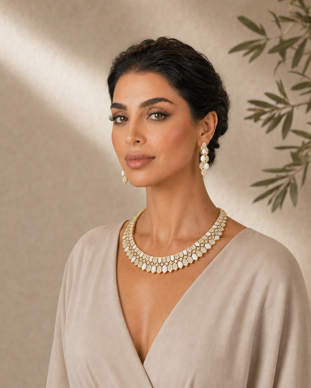 Three-quarter portrait of Luna in the same warm-ivory V-neck and studio light, with the Lucilla collar and earrings fully visible.