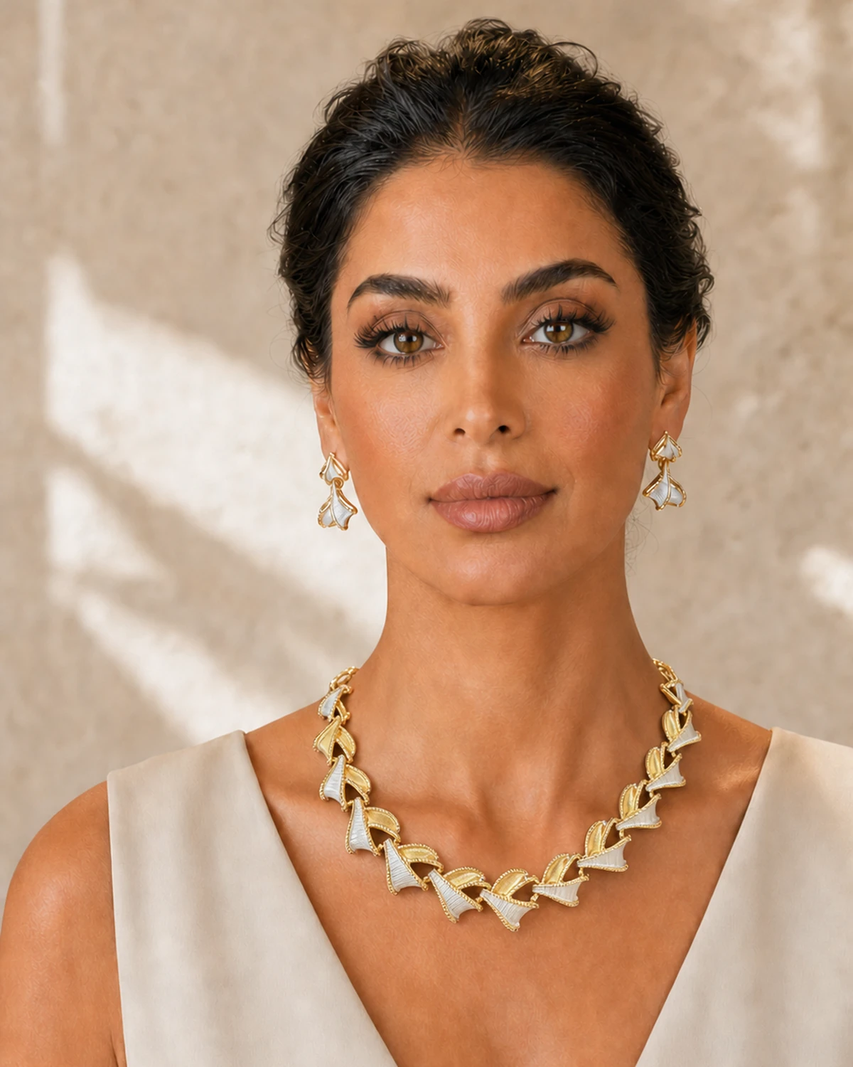 Straight-on portrait of Luna wearing the complete Vesper necklace and two matching earrings above a warm-ivory refined V-neck dress.
